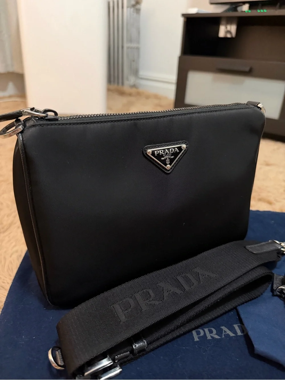 Prada Black Nylon Messenger Bag with Detachable Logo Strap and Pouch